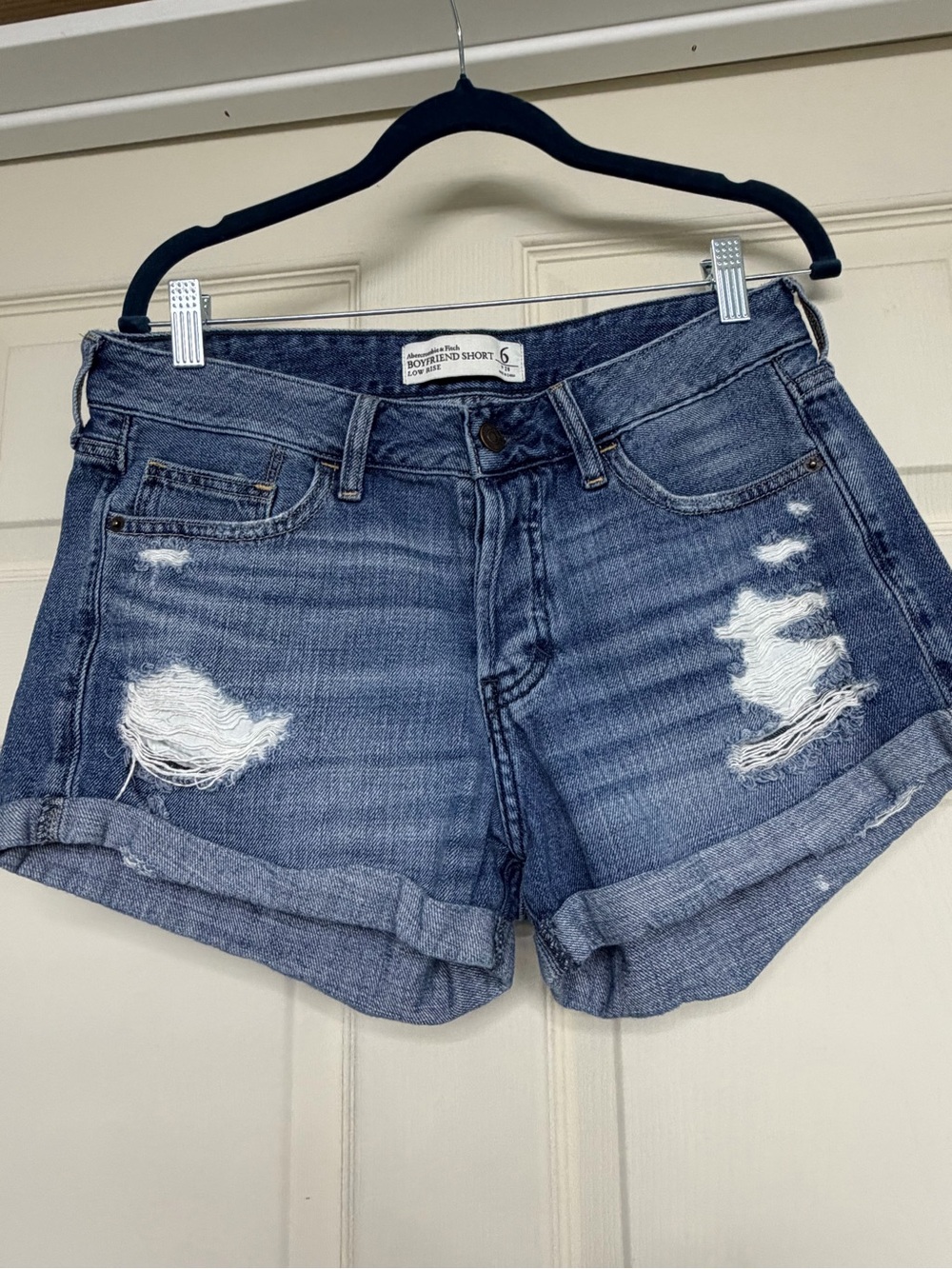 American Eagle Blue Distressed Rolled-Hem Jean Shorts